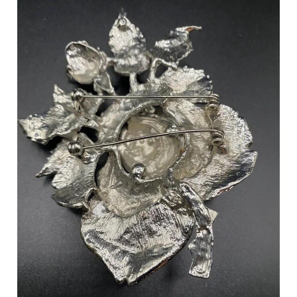 AB Clear Crystal Rose Brooch Huge 4" Silver Tone Thorns Green Leaves Rosebud - Picture 7 of 8